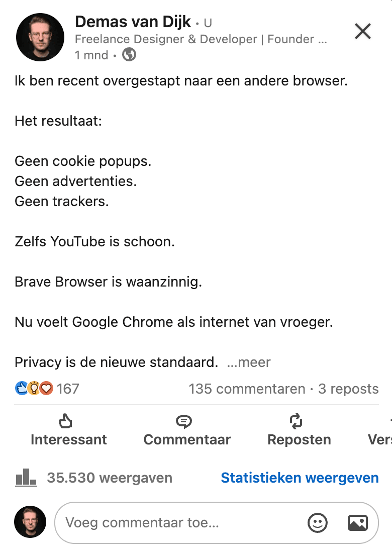 LinkedIn post Brave Browser